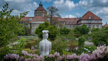 Munich, Bavaria, Germany - May 23, 2019.  MÃ¼nchen-Nymphenburg Botanical garden on a spring day featuring the main building  and the pondのeditorial素材