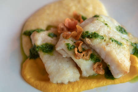 Fresh fish fillets on mashed sweet potato garnished with cooked spinach sauce and dried apples, top view and close-up - Itailian dishの写真素材