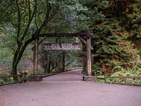 The entrance sign and paved trail of Muir Woods National Monument, California, USA の写真素材