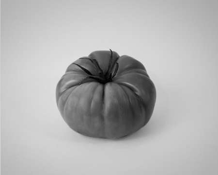Tomato in black and white on white background, isolated,  viewed from the side, whole  â food still lifeの写真素材