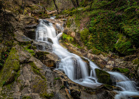 The lush Frey Creek Falls on the Feather Falls Loop trail, Oroville, California, USAの写真素材