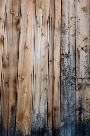 Closeup on hrizontal wood boards fence, cut from a log, with marks of fire and scraches- texture and...