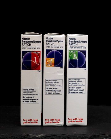 Davis, CA, 24 July 2022. Nicotine (Transdermal Route) patch boxes, steps 1, 2 and 3