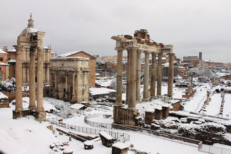 ROME - FEB 4: Roman Forum after the heavy snowfall on February 4, 2012 in Rome. The last snowfall in Rome was in 1985のeditorial素材