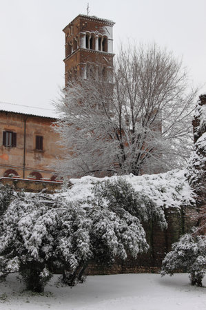 ROME - FEB 4: Saint Cosma and Damiano Basilica after the heavy snowfall on February 4, 2012 in Rome. The last snowfall in Rome was in 1985のeditorial素材