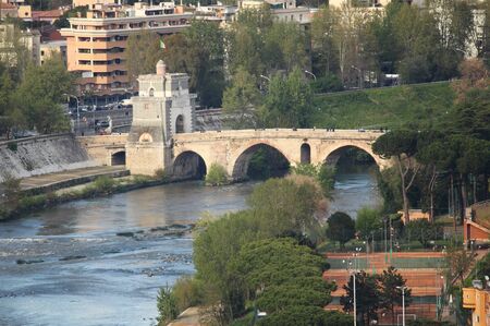 Milvio bridge over the Tiber river in Rome, Italyの写真素材