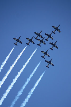 ROME - JUNE 3: The italian acrobatic team Frecce Tricolori perform at the Rome International Air...