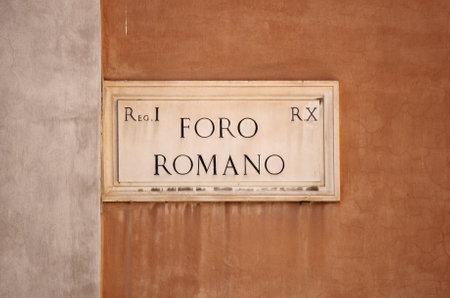 Old street sign at Roman Forum in Rome, Italyのeditorial素材