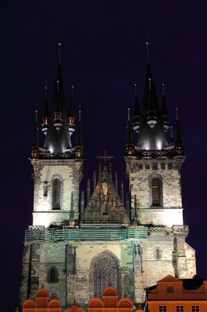 The towers of Church of Our Lady in front of Tyn by night, Pragueの写真素材