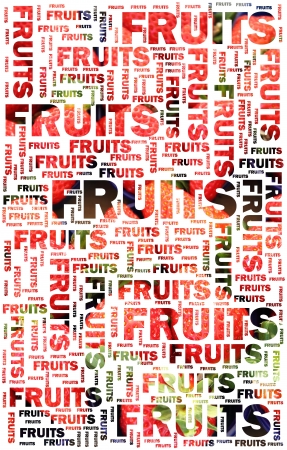 Fruits text written with pictures of strawberries backgroundの写真素材