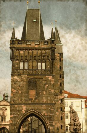 Vintage image of the Tower on Charles Bridge in Prague, Czech Republicの写真素材