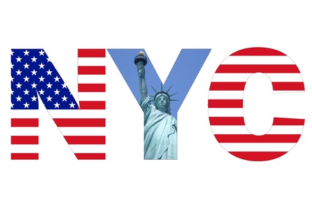 New York City text written with picture of Statue of Liberty and USA flag