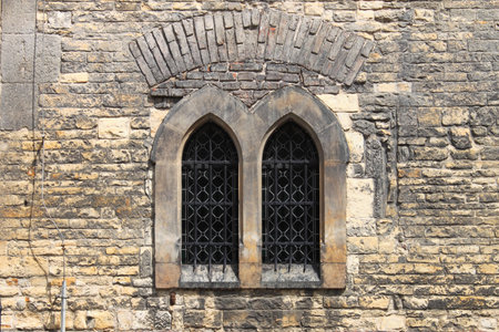 Prague, Czech Republic - July 13, 2011: A double lancet window in a medieval building