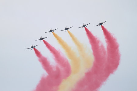 ROME - JUNE 29  The spanish acrobatic team Patrulla Aguila perform at the Rome International Air Show on June 29, 2014 in Rome, Italyのeditorial素材