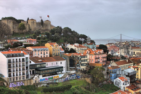 Panoramic view of Lisbon with Saint George Castle and 25th of April Bridge. Portugalのeditorial素材
