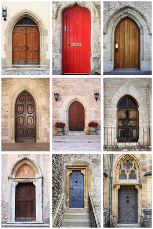 Collage of medieval front doors with lancet archの写真素材