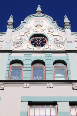 Facade of an art deco building in the downtown of Tallinn, Estoniaのeditorial素材