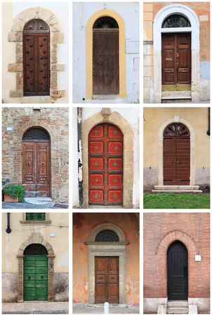 Collage of medieval front doors with rounded archの写真素材