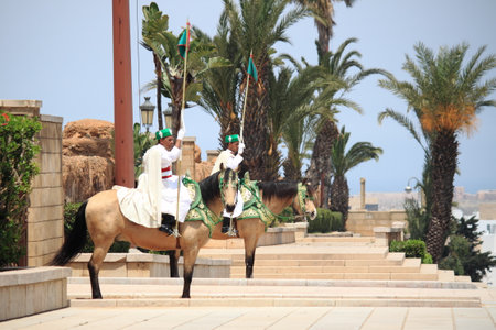 Rabat, Morocco - May 13, 2013: Royal guard in entry of mausoleum Mohammed V (Mohamed Ben Yusef) and Hassan II. Mausoleum contains tombs of Kings Mohammed V, Hassan II and Prince Mulay Abdallahのeditorial素材