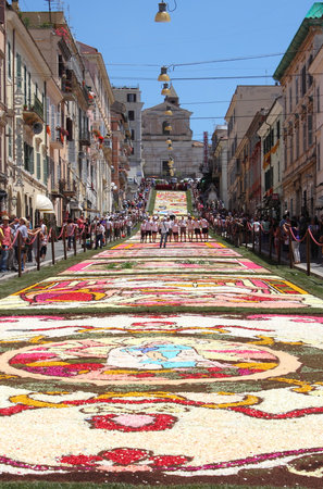 GENZANO, ITALY - JUNE 18: Floral Carpet in the Main Street on June 18, 2017 in Genzano, Italy. This event takes place every year and almost 350.000 flower petals were used this yearのeditorial素材