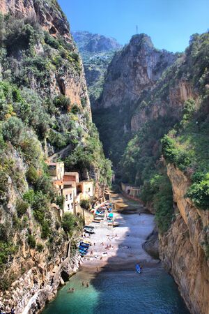 Aerial view of Furore fiord in Amalfi Coast, Italyの写真素材