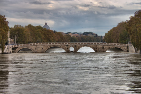 ROME - NOVEMBER 15: Sisto bridge during the flood of the river Tevere on November 15, 2012 in Rome. The river level has reached the maximum in 50 yearsのeditorial素材