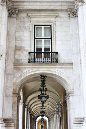 Colonnade surrounding the Commerce Square in Lisbon, Portugal