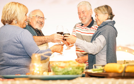 Happy senior friends toasting with red wine at barbecue dinner in terrace - Mature people dining and...