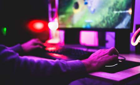 Young gamer playing online video games while streaming on social media - Youth people addicted to new technology gameの写真素材