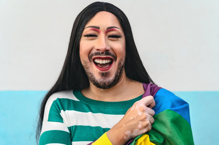 Happy drag queen activist having fun during gay pride parade - LGBT social movement conceptの写真素材