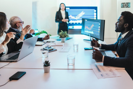 Business stock traders people in meeting room working on crypto currency markets with blockchain technology - Decentralized finance and stock exchange conceptの写真素材