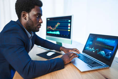 Business trader man working on crypto currency markets with blockchain technology - Decentralized...