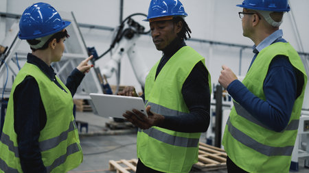 Team of engineers working in robotic factory monitoring the project on the tablet - Tech industry conceptの写真素材