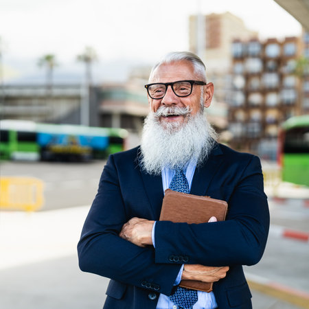 Happy senior business man holding laptop while waiting in bus station