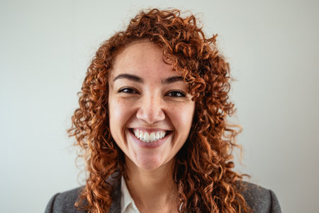 Business woman having fun looking in front of camera inside officeの写真素材