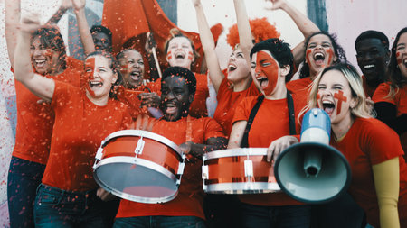 Football fans having fun supporting favorite team - Soccer sport entertainment concept