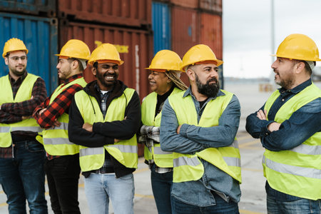 Industrial engineers working in logistic terminal of container cargoの写真素材