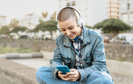 Shaved head girl using mobile smartphone while listening to music with headphones in the city streetの写真素材