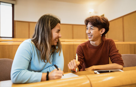 Young multiracial friends studying inside university classroom - School education conceptの写真素材