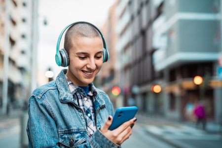 Shaved head girl using mobile smartphone and listening music while waiting for public transportation in the city streetの写真素材