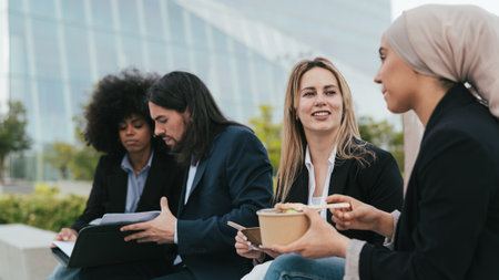 Multiracial business people having a lunch break outside officeの写真素材