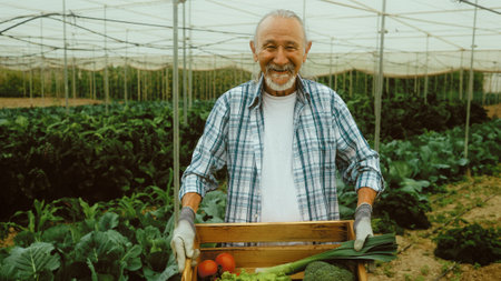 Senior farmer working inside agricultural greenhouse - Farm people lifestyle conceptの写真素材