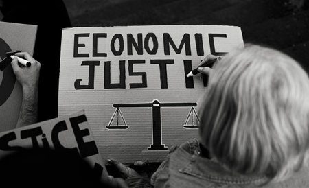 Senior activist preparing protest banners against financial crisis - Economic justice activism concept - Black and white editingの写真素材