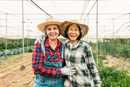 Happy multiracial women farmers smiling at the camera while working inside agricultural greenhouse - Farm people lifestyle conceptの写真素材