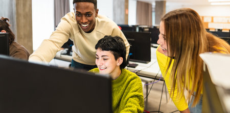 Young classmates studying together in high school - Education concept