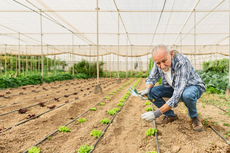 Senior farmer working inside agricultural greenhouse - Farm people lifestyle conceptの写真素材