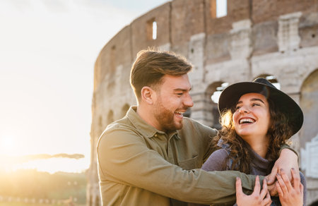 Happy young romantic couple having fun together in Rome Colosseum - Love relationship and travel lifestyle conceptの写真素材
