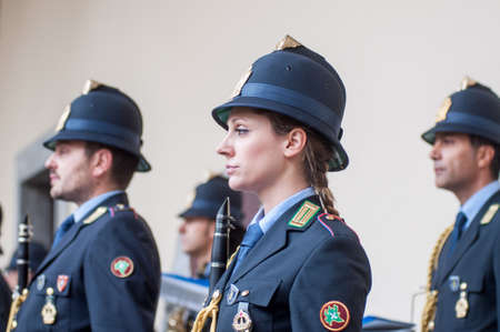 Music band of local police in milano. Show in the street.