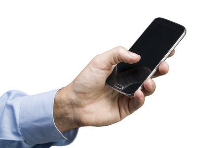 close up of human hand touching smart phone displayの写真素材