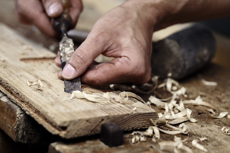 Closeup of a carpenter hands working with a chisel and carving tools on wooden workbench
